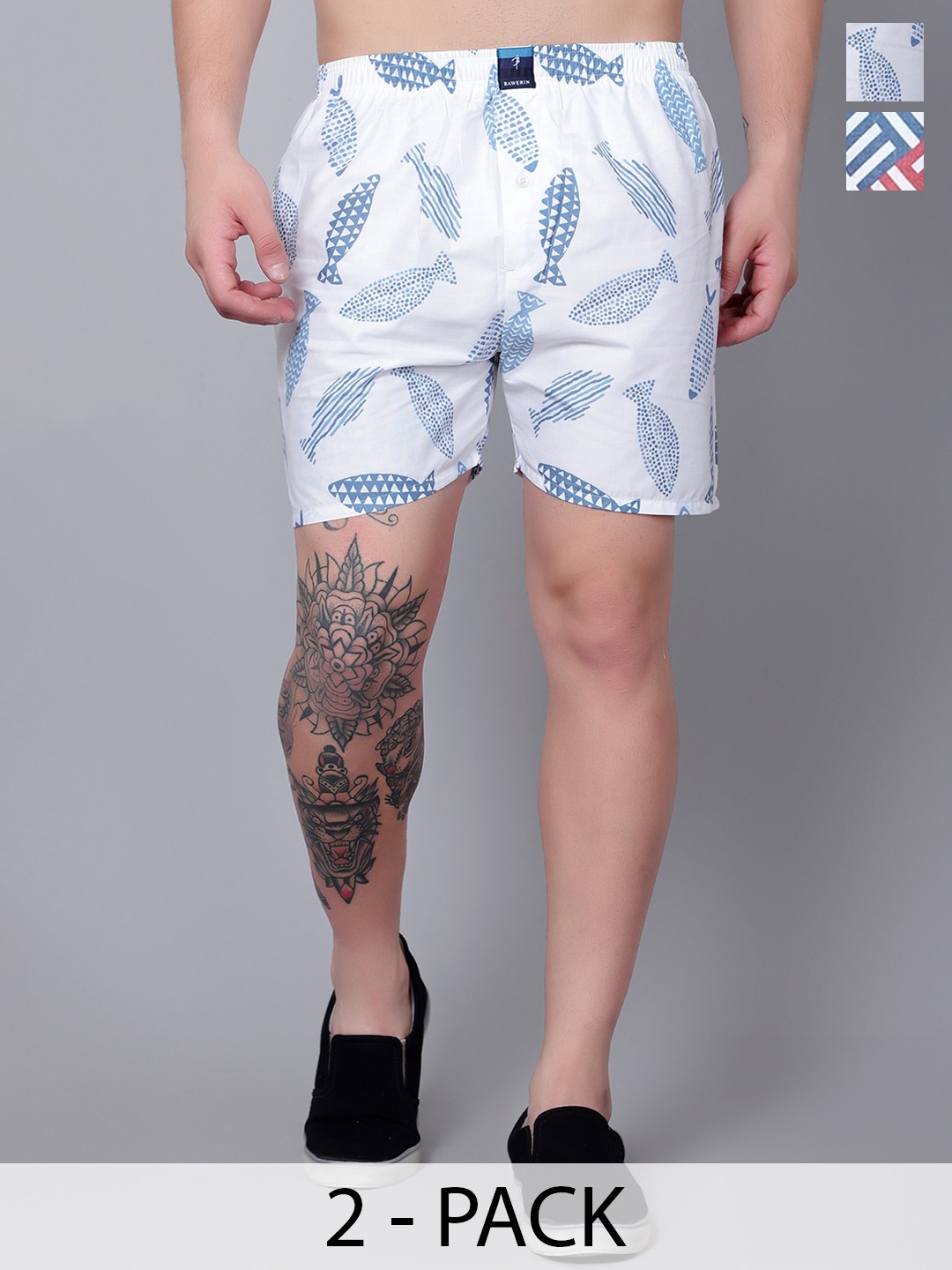 

BAWERIN Pack Of 2 Printed Pure Cotton Boxers, White