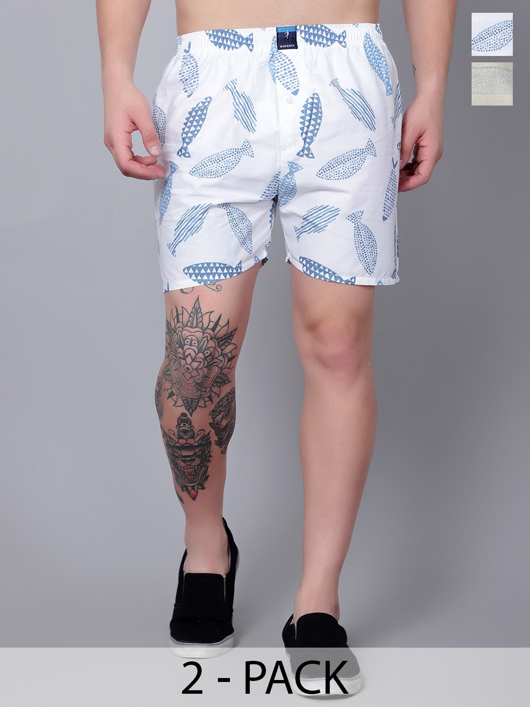 

BAWERIN Pack Of 2 Printed Pure Cotton Boxers BAW-2302-09-S, White