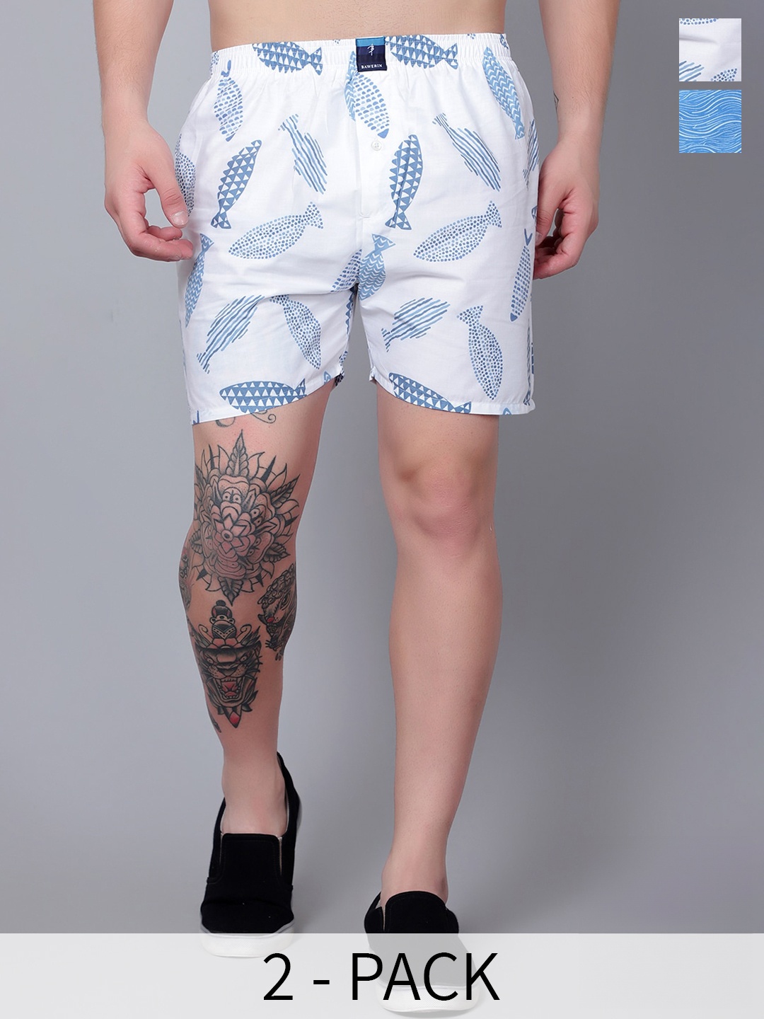 

BAWERIN Pack Of 2 Printed Pure Cotton Boxers BAW-2302-08-S, White