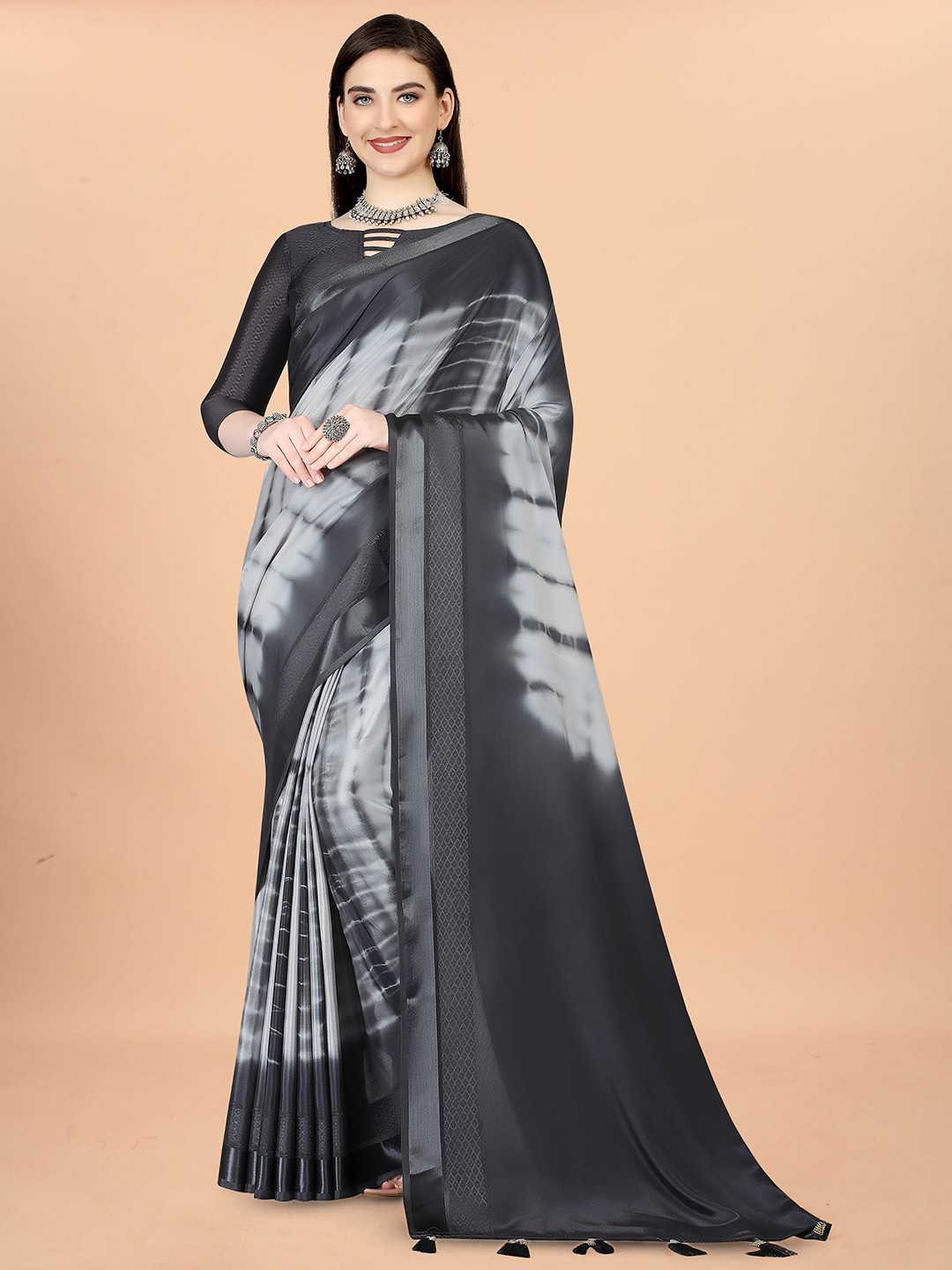 

Munir Tie and Dyed Zari Silk Blend Saree, Grey