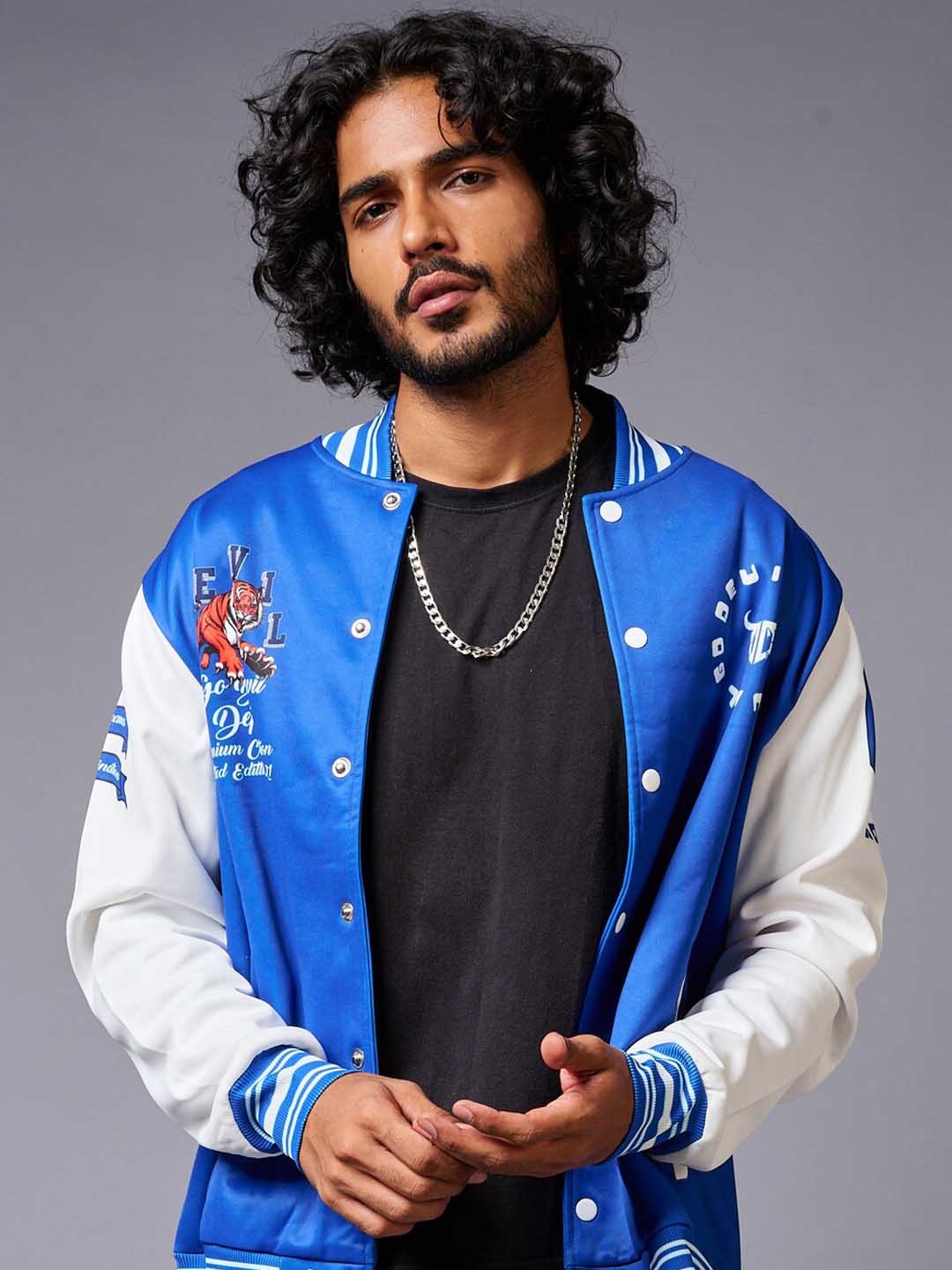 

GO DEVIL Colourblocked Stand Collar Varsity Jacket, Blue