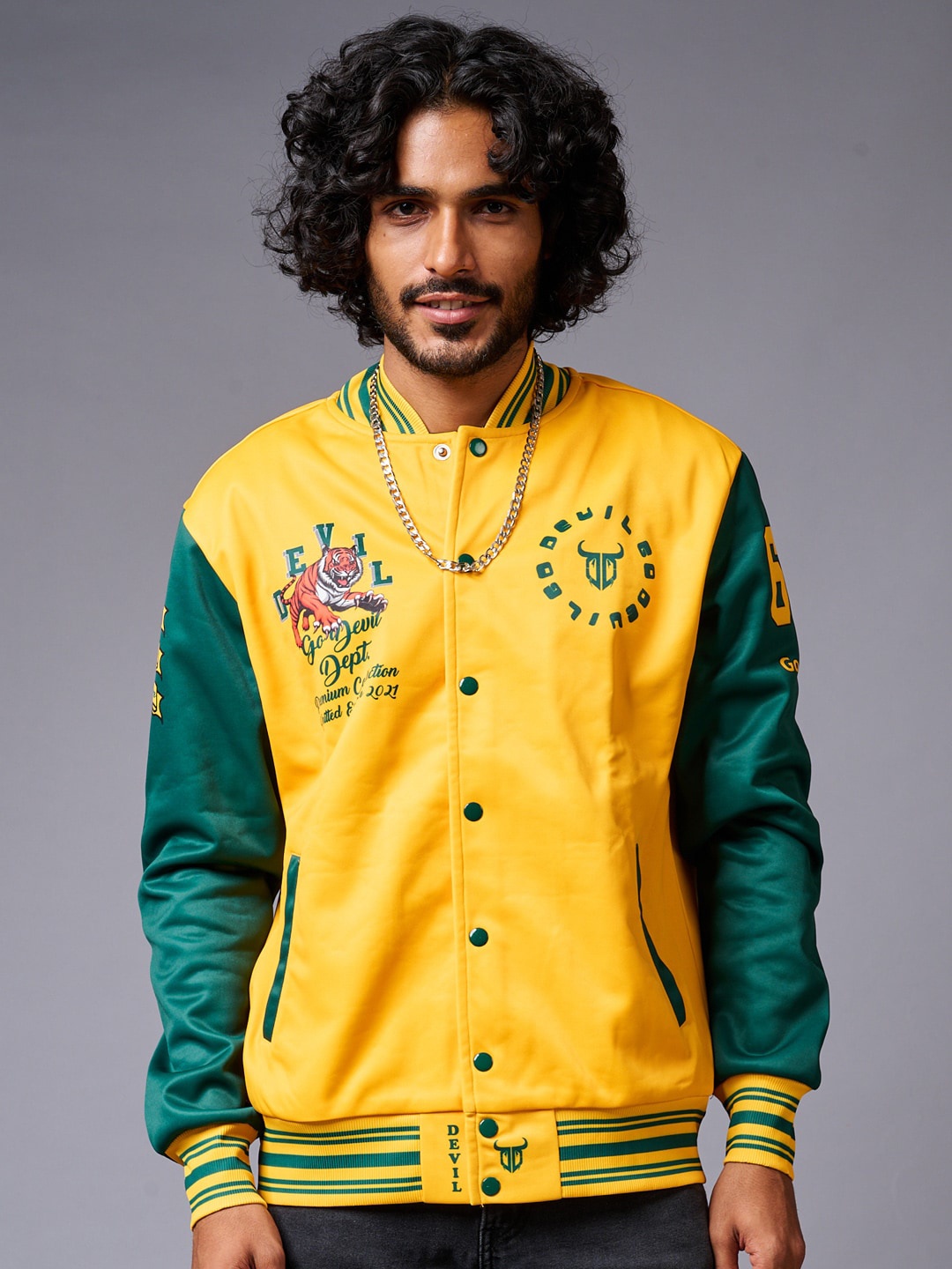 

GO DEVIL Typography Printed Cotton Varsity Jacket with Zip Detail, Yellow