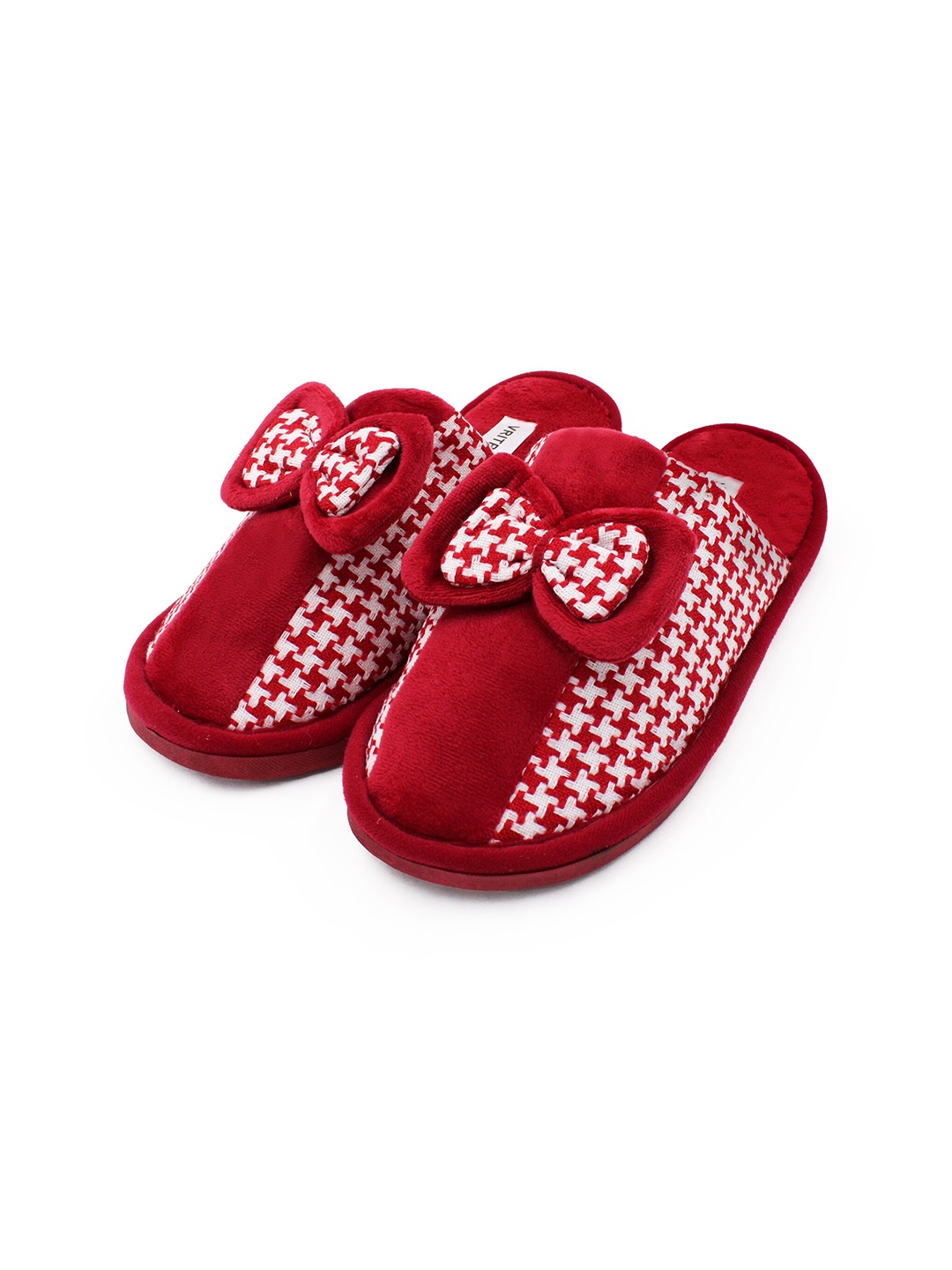 

JENNA Women Printed Fur Room Slippers With Bows, Red