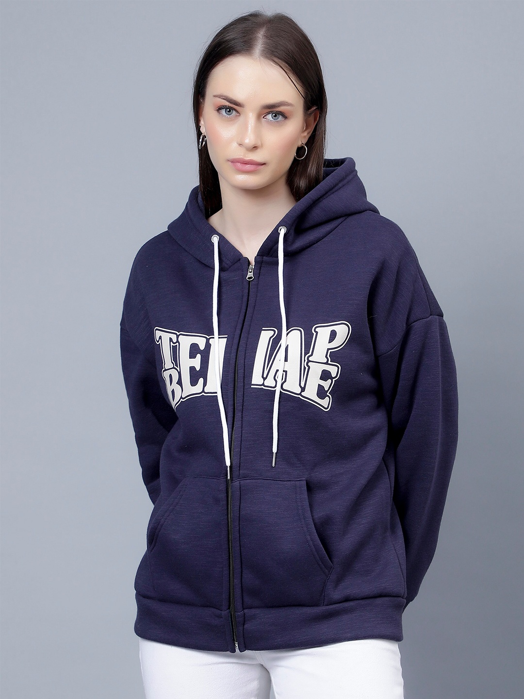 

Steele Typography Printed Hooded Long Sleeve Cotton Front-Open Sweatshirt, Blue