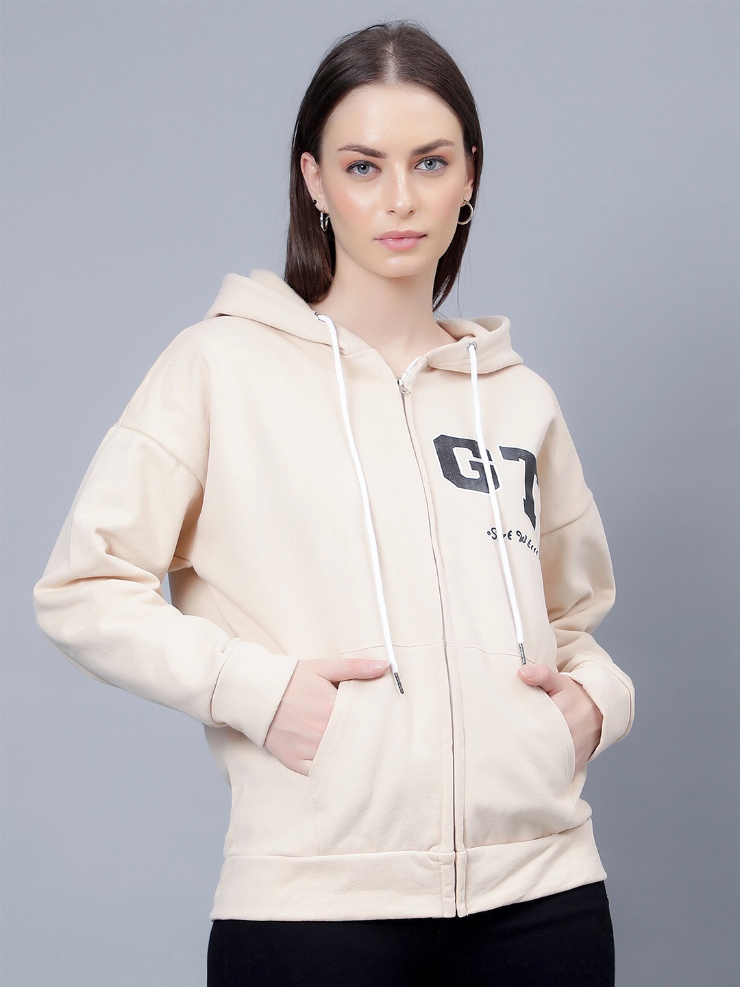 

Steele Typography Printed Hooded Long Sleeve Cotton Front-Open Sweatshirt, Cream