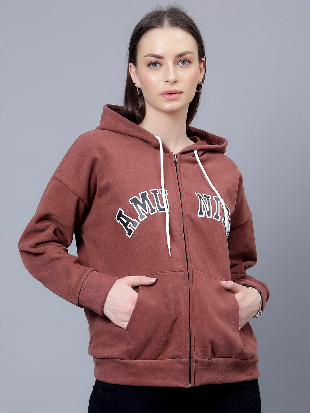 

Albion Typography Printed Hooded Long Sleeve Cotton Front-Open Sweatshirt, Brown