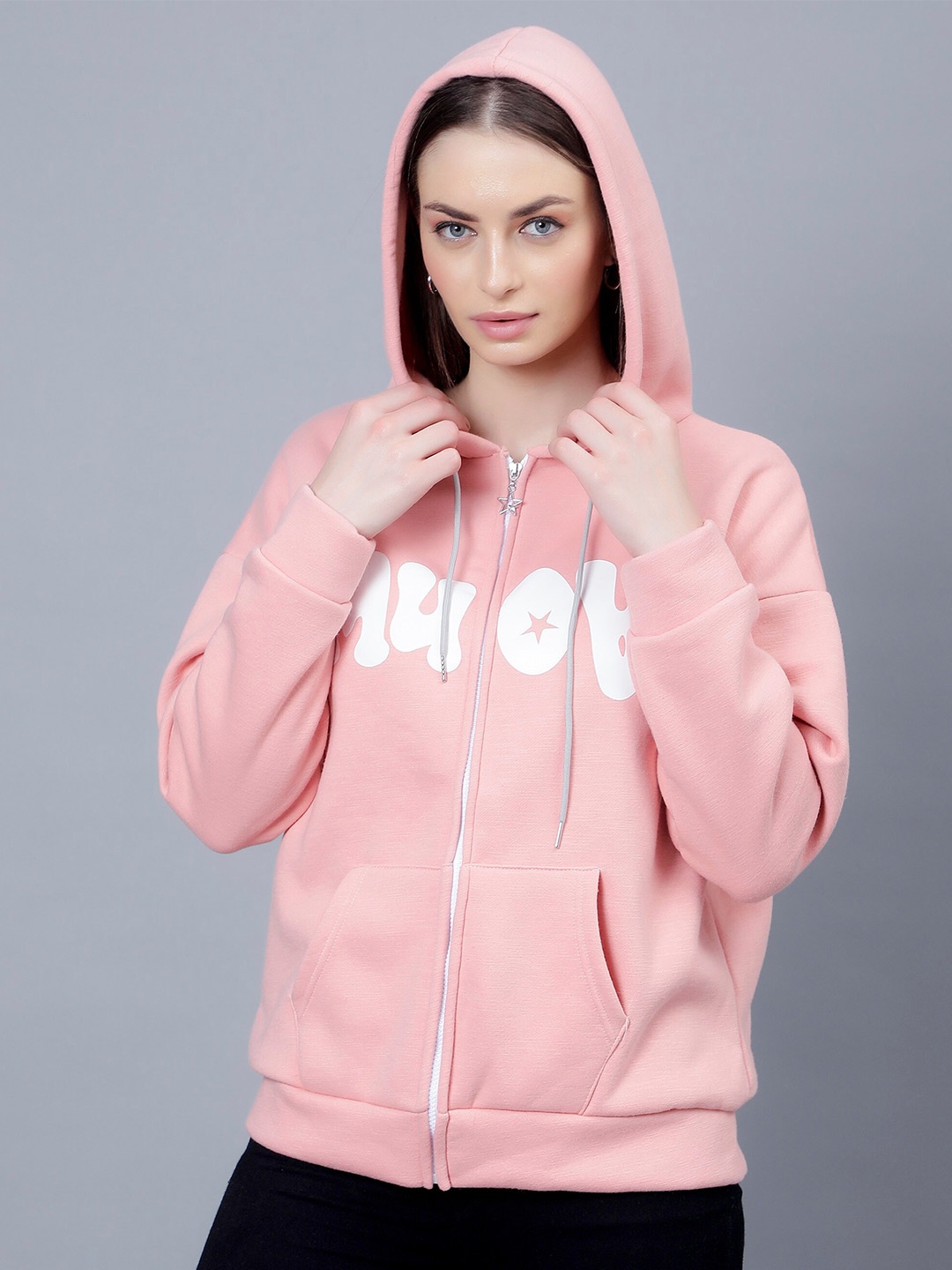 

Albion Typography Printed Hooded Long Sleeve Cotton Front-Open Sweatshirt, Peach