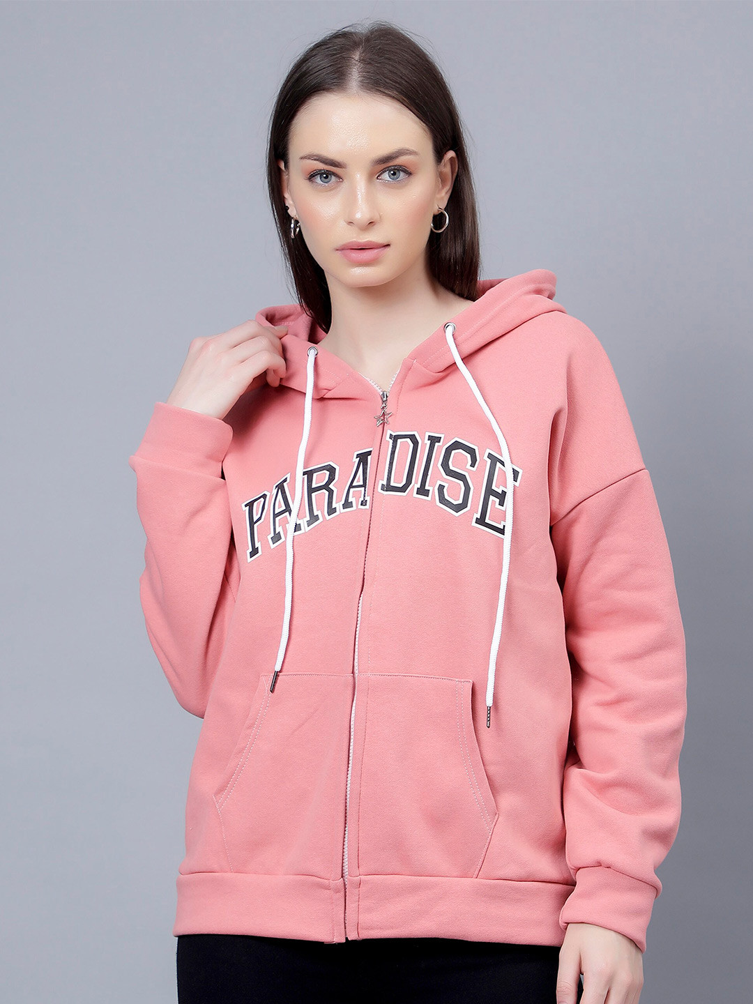 

Steele Typography Printed Hooded Long Sleeve Cotton Front-Open Sweatshirt, Peach