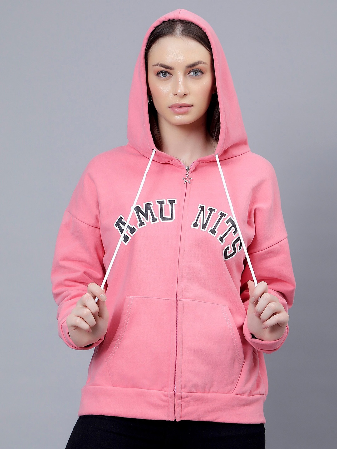 

Steele Typography Printed Hooded Long Sleeve Cotton Front-Open Sweatshirt, Pink