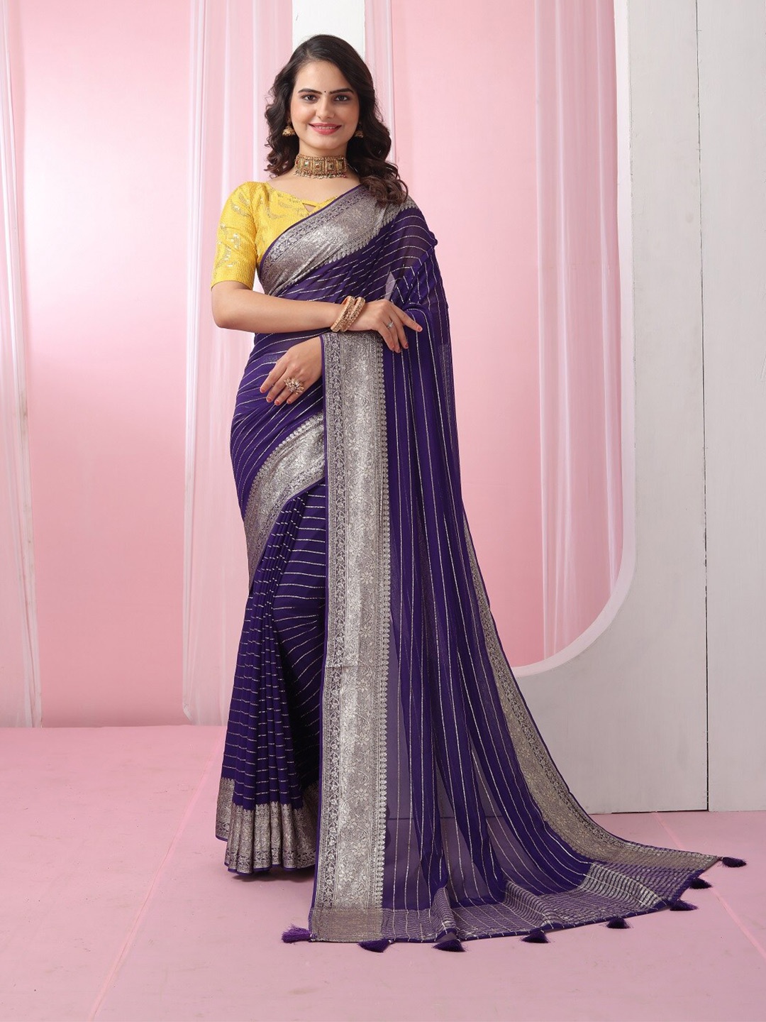 

Mitera Striped Zari Pure Georgette Saree, Violet