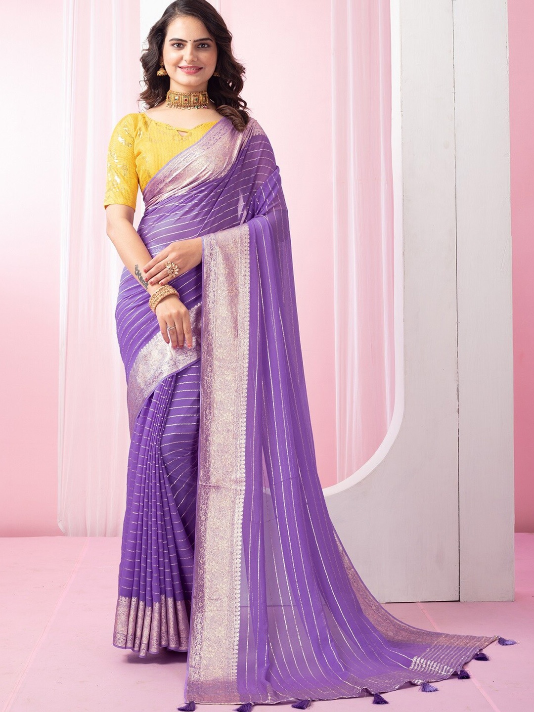 

Mitera Striped Zari Pure Georgette Saree, Purple