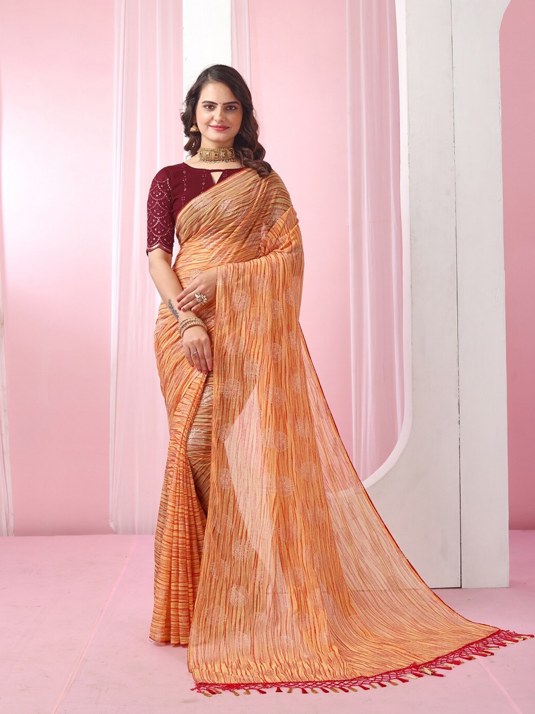 

Mitera Ethnic Motifs Foil Printed Pure Georgette Saree, Mustard