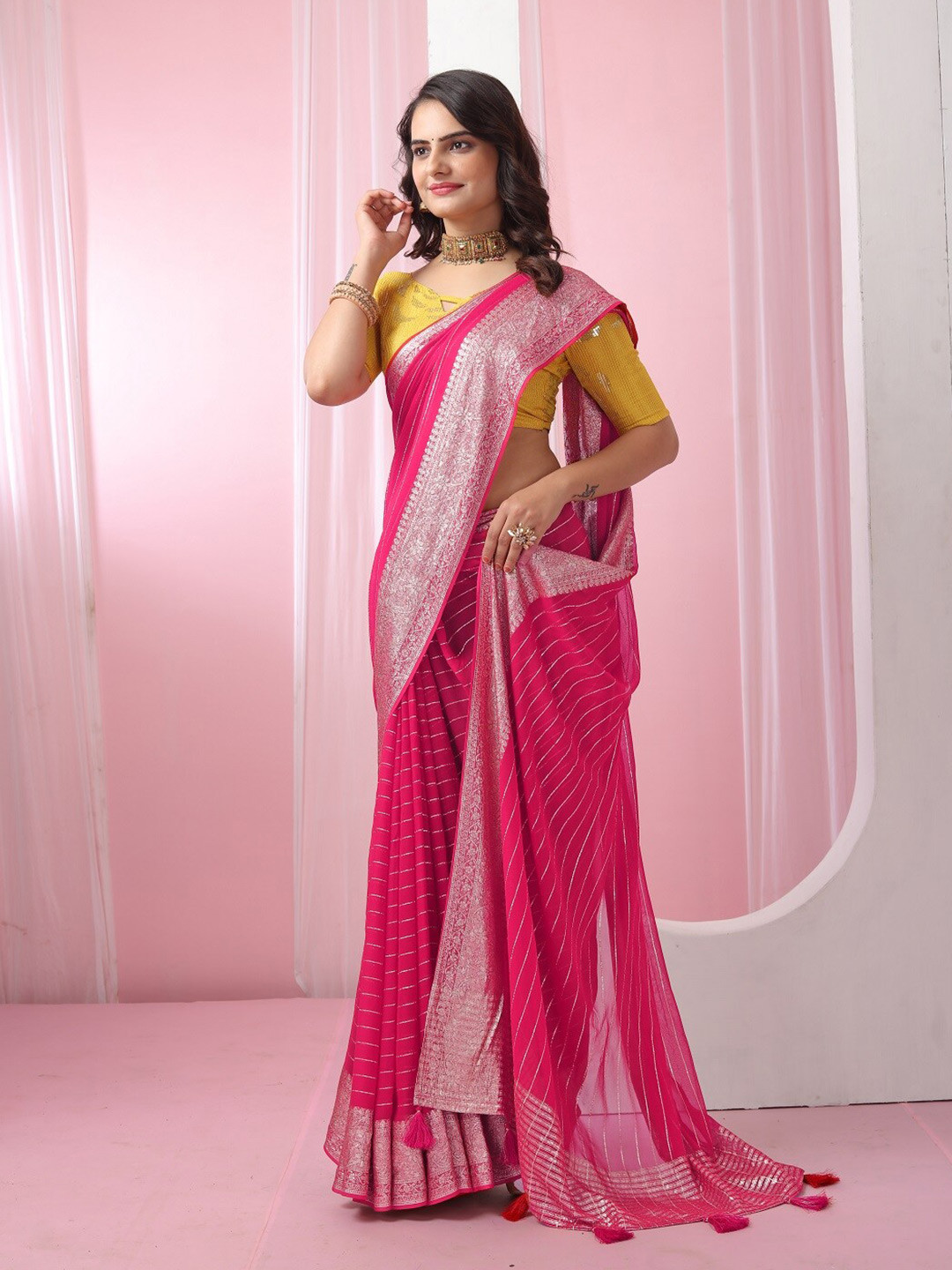 

Mitera Striped Zari Pure Georgette Saree, Pink