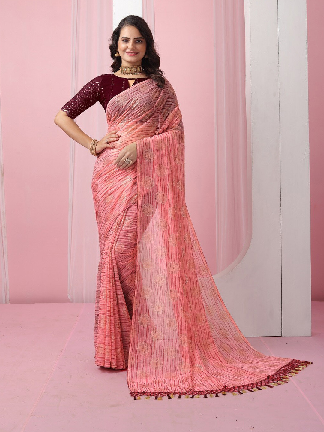 

Mitera Ethnic Motifs Foil Printed Pure Georgette Saree, Peach
