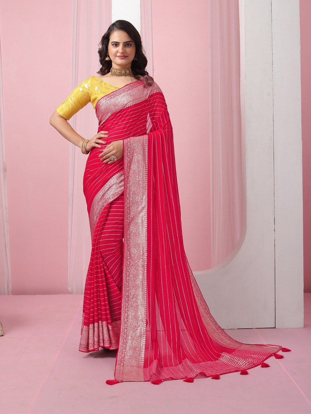 Mitera Striped Zari Pure Georgette Saree, Magenta