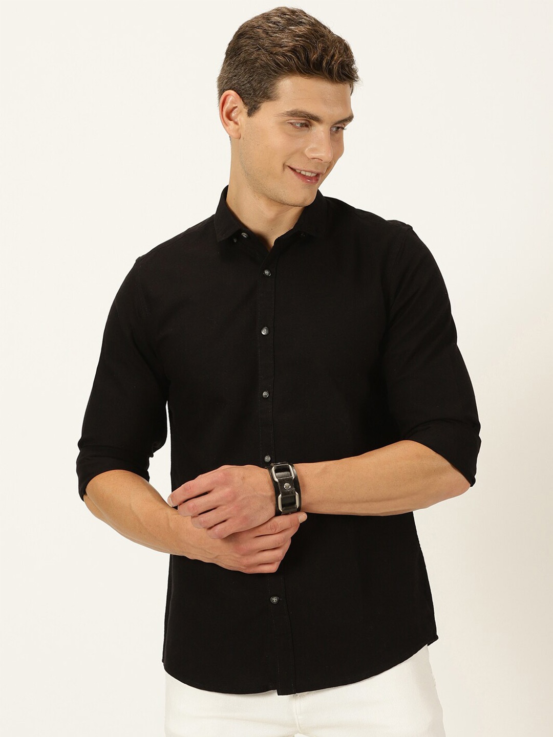 

Mast & Harbour Black Classic Slim Fit Oxford Weave Pure Cotton Casual Shirt