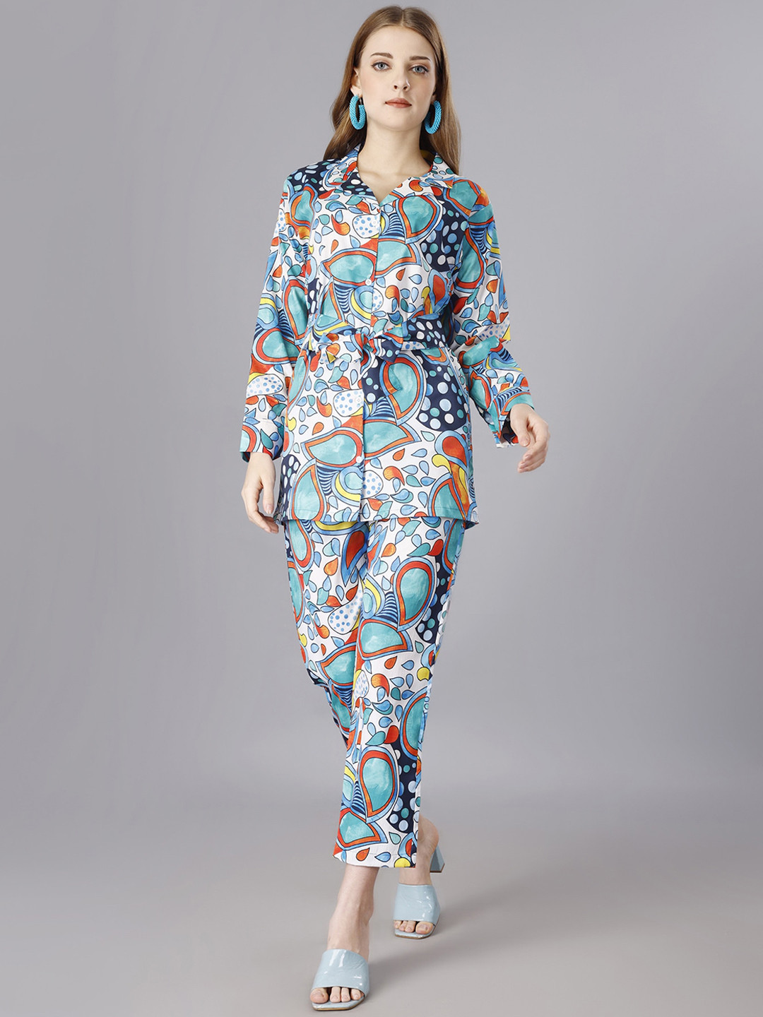 

Vaidehi Fashion Abstract Printed Cuban Collar Shirt With Trousers Co-Ords, Blue