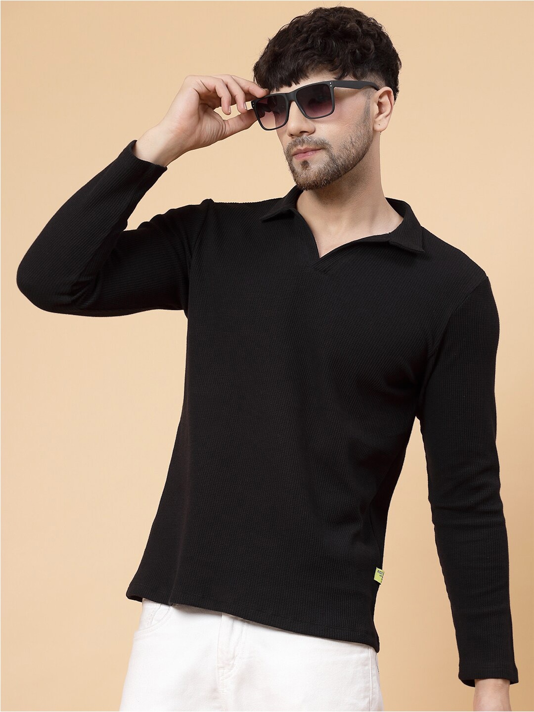

Rigo Polo Collar Long Sleeve Cotton T-shirt, Black