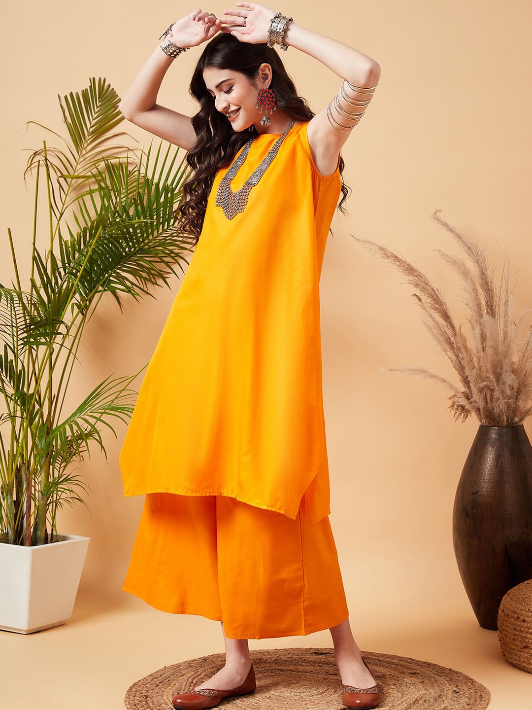 

InWeave Asymmetric Regular A-Line Kurta with Palazzos, Orange