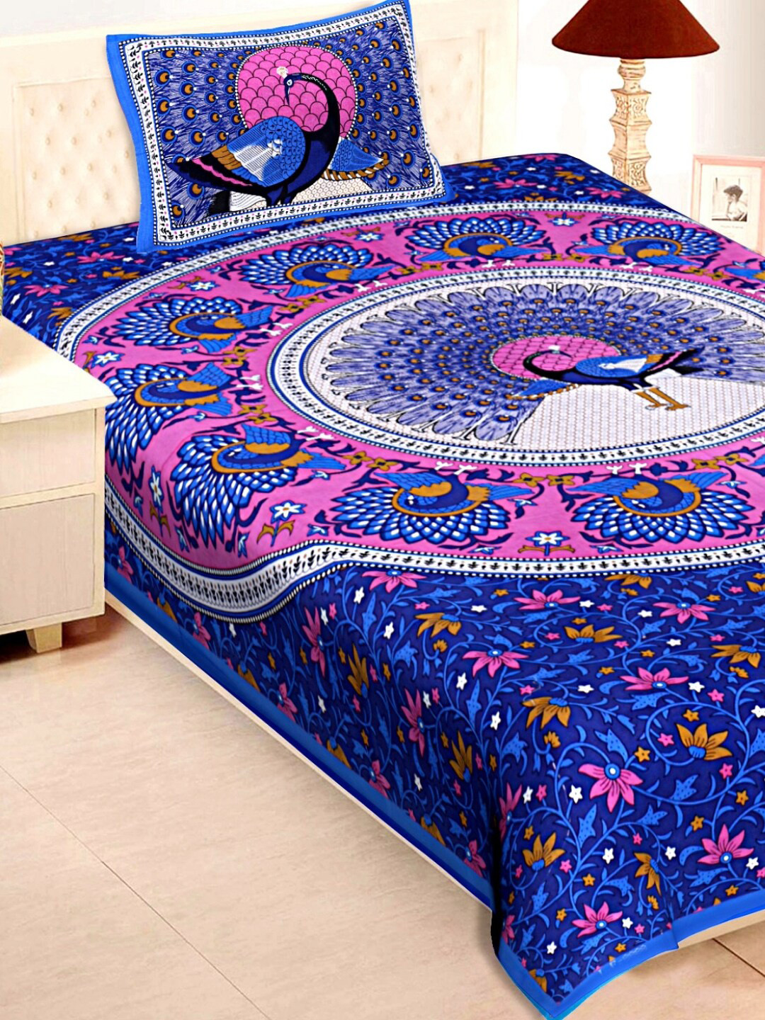 

Rajasthanikart Blue & Pink Floral Cotton 120 TC Single Bedsheet With 1 Pillow Cover