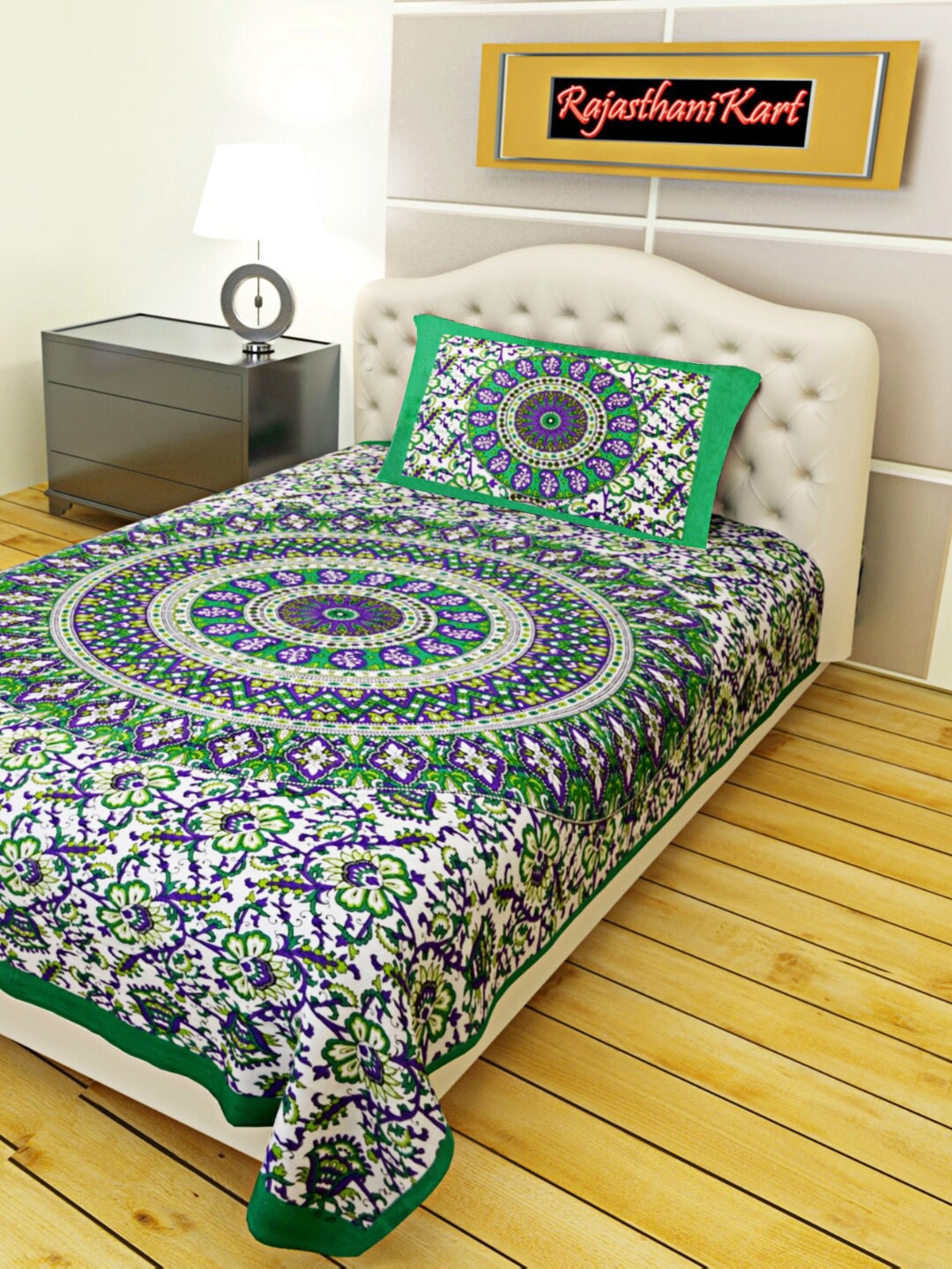 

Rajasthanikart Green & Blue Floral Cotton 120 TC Single Bedsheet with 1 Pillow Cover