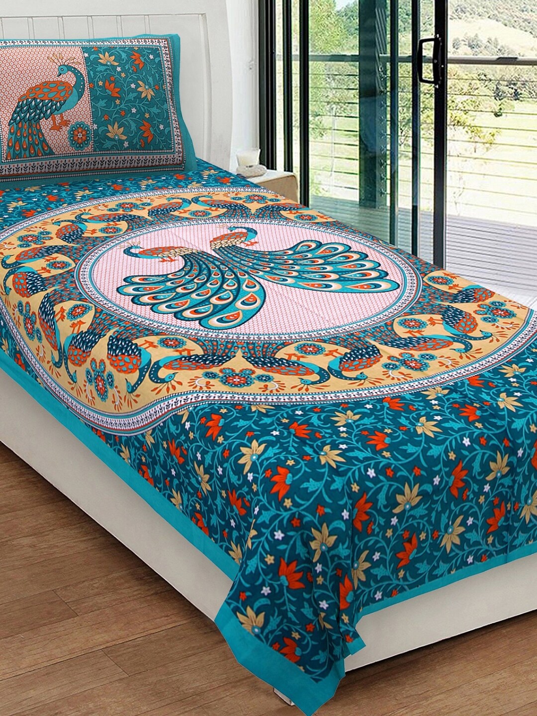 

Rajasthanikart Green & Orange Ethnic Motifs 120 TC Cotton Single Bedsheet & 1 Pillow Cover