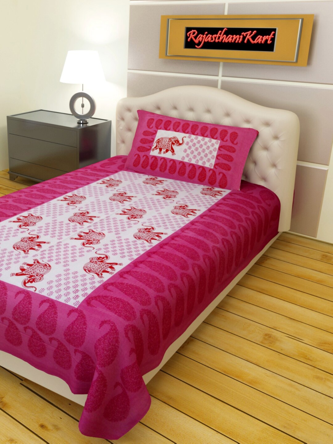 

Rajasthanikart Pink & White Ethnic Motifs Cotton 120 TC Single Bedsheet & 1 Pillow Cover