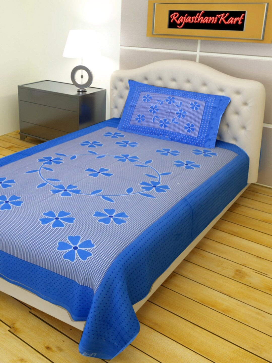 

Rajasthanikart Blue & White Floral Cotton 120 TC Single Bedsheet With 1 Pillow Cover