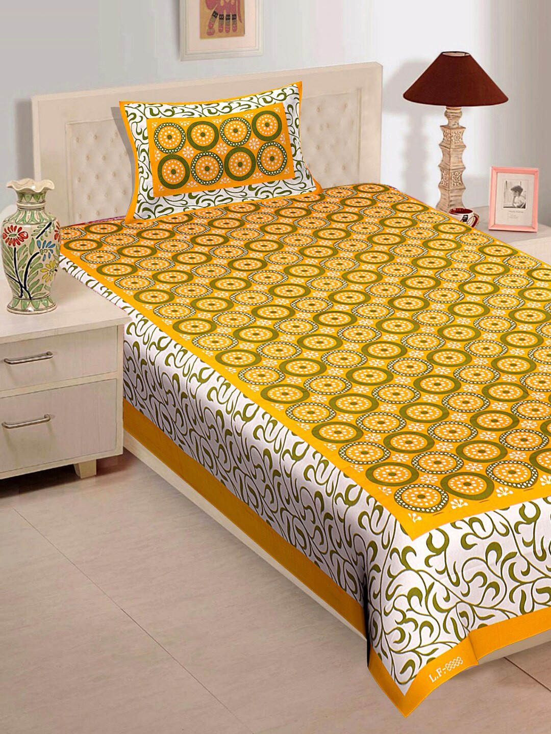 

Rajasthanikart Yellow & White Geometric Cotton 120 TC Single Bedsheet With 1 Pillow Cover