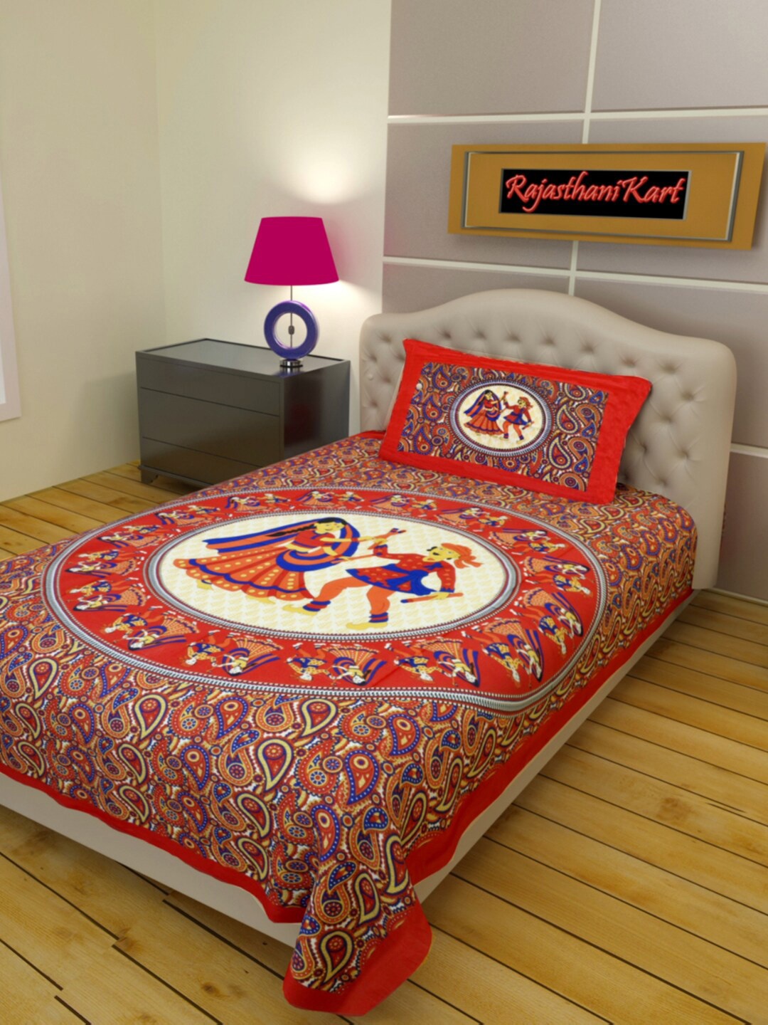 

Rajasthanikart Red & Blue Ethnic Motifs Cotton 120 TC Single Bedsheet & 1 Pillow Cover