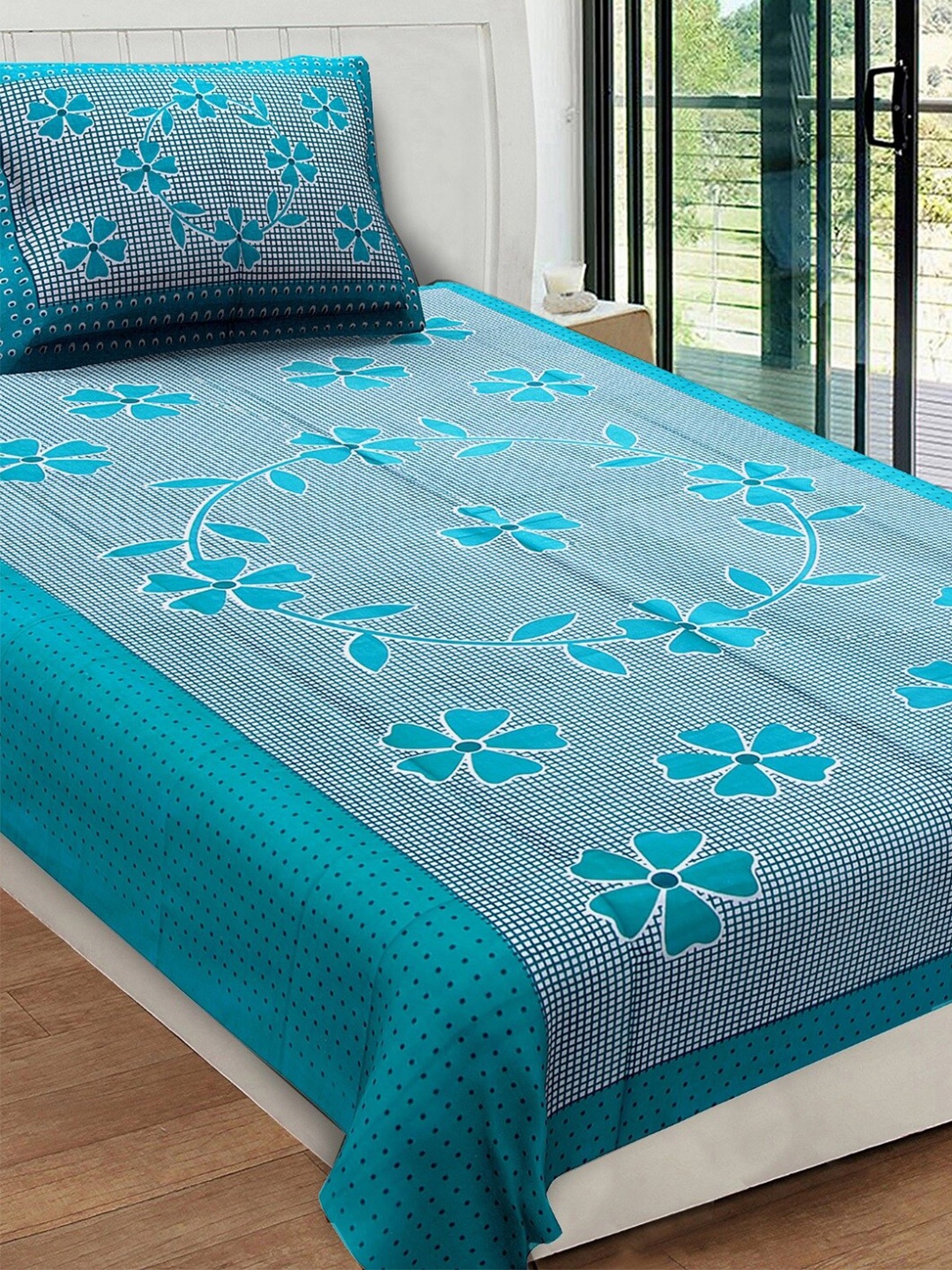 

Rajasthanikart Green & White Floral Cotton 120 TC Single Bedsheet & 1 Pillow Cover