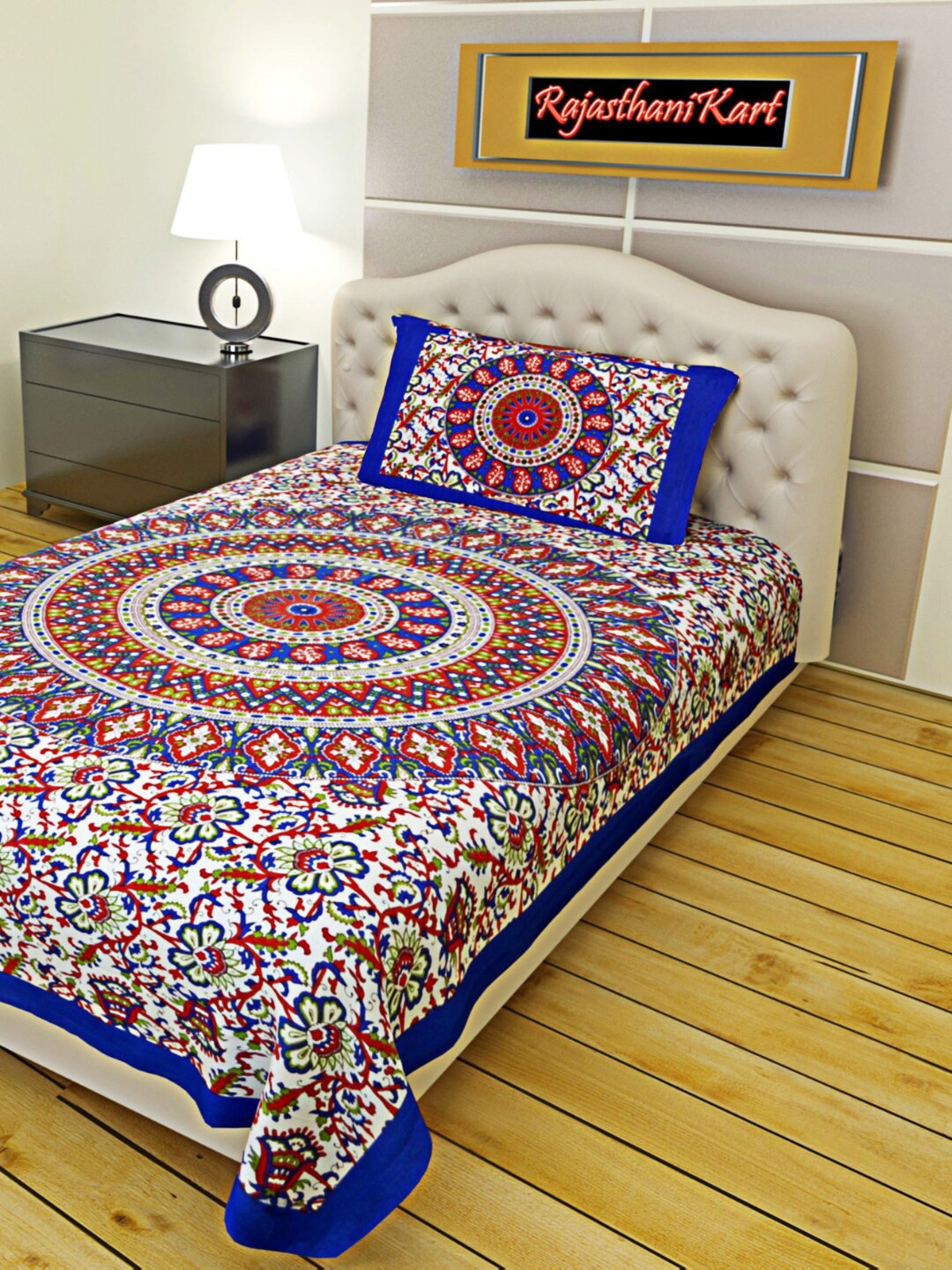 

Rajasthanikart Blue & Red Ethnic Motifs Cotton 120 TC Single Bedsheet With 1 Pillow Cover