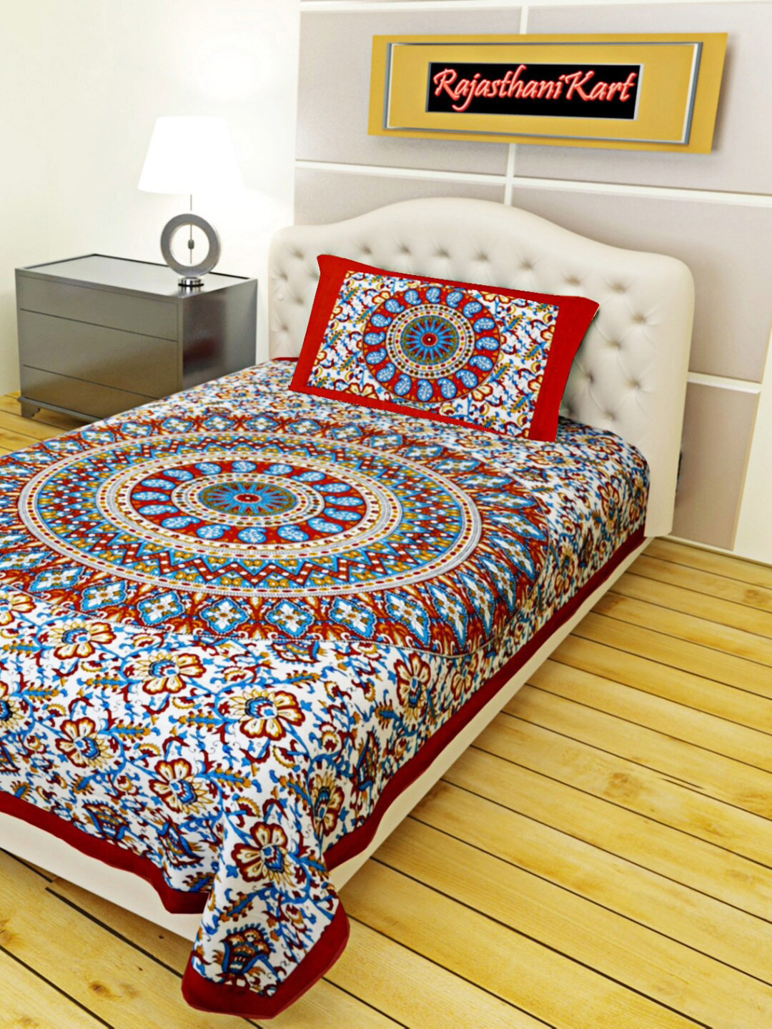 

Rajasthanikart Red & Blue Ethnic Motifs Cotton 120 TC Single Bedsheet With 1 Pillow Cover