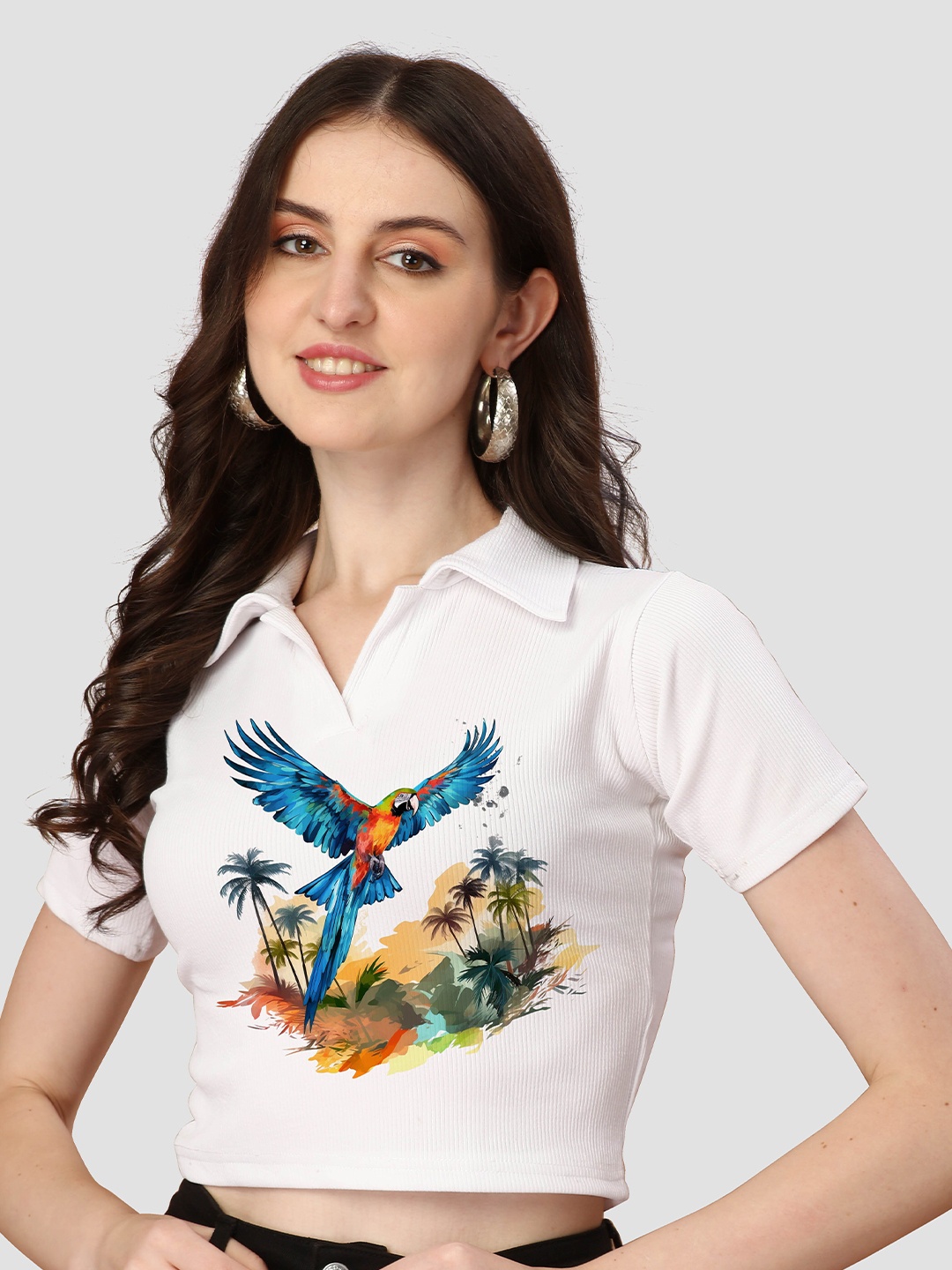 

VENISA Graphic Printed Polo Collar Crop T-Shirt, White