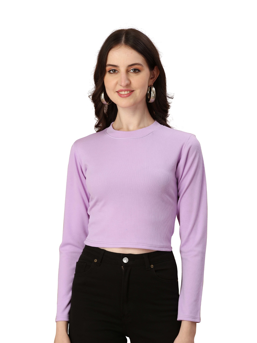 

VENISA Round Neck Slim Fit Crop T-Shirt, Lavender