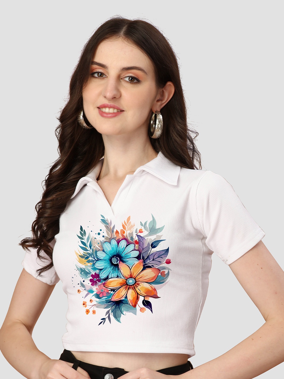 

VENISA Floral Printed Polo Collar Crop T-Shirt, White