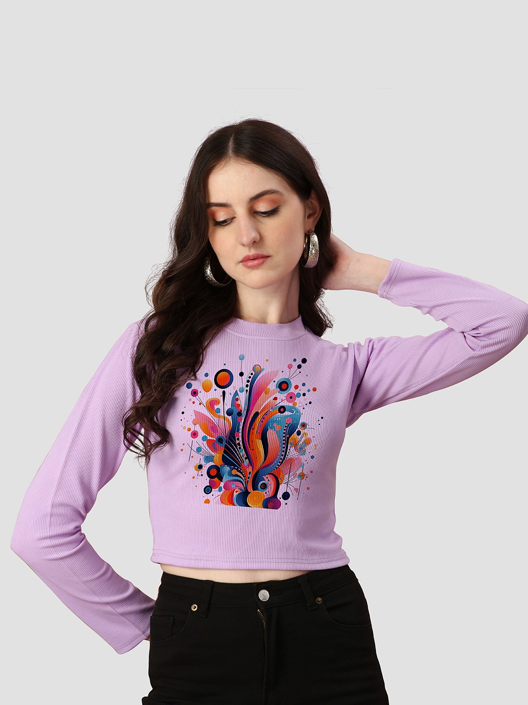 

VENISA Graphic Printed Slim Fit Crop T-Shirt, Lavender