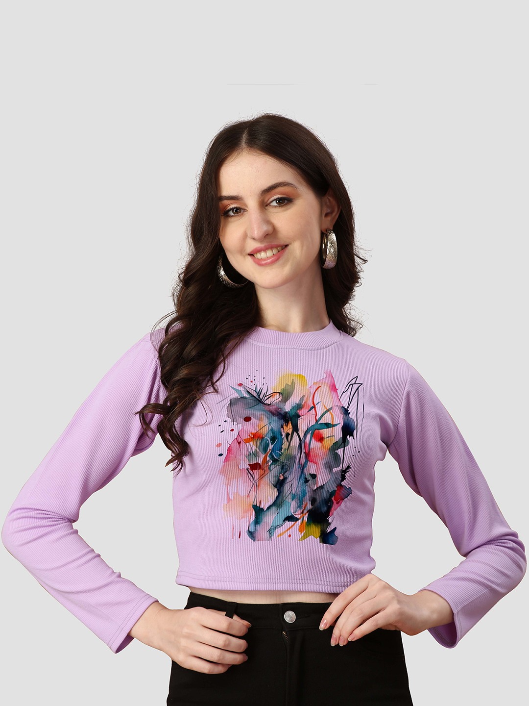 

VENISA Women Abstract Printed Round Neck Slim Fit Crop T-shirt, Lavender