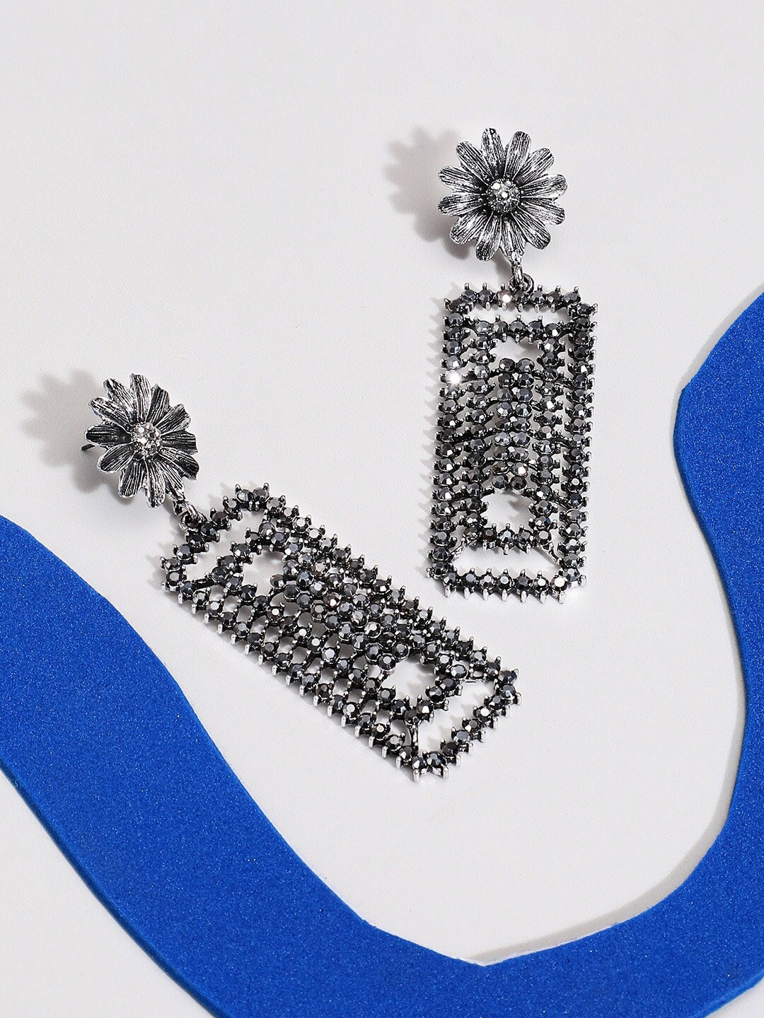 

SOHI Silver Plated Stone Studded Drop Earrings