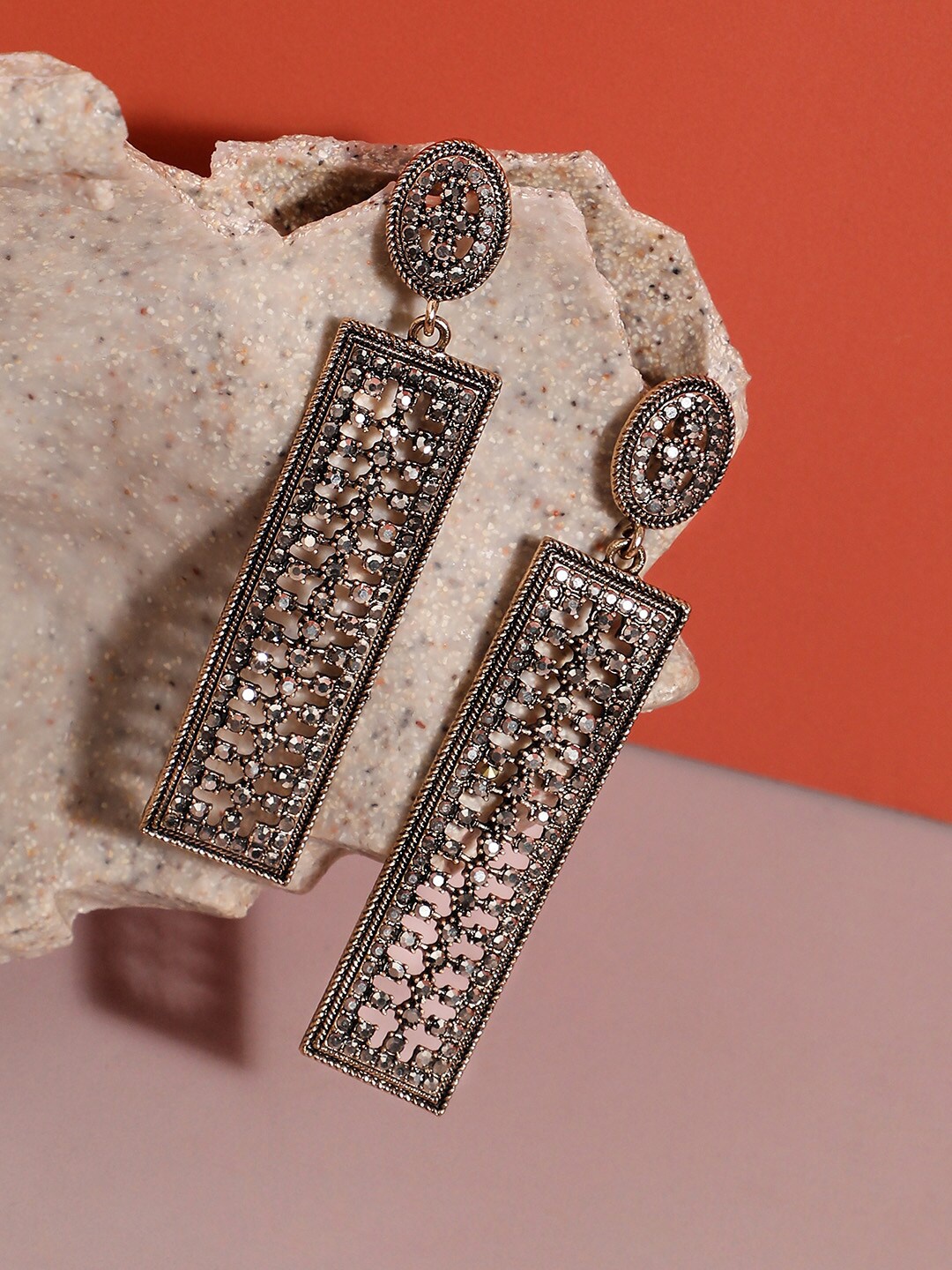 

SOHI Gold-Plated Stone Studded Geometric Drop Earrings, Silver