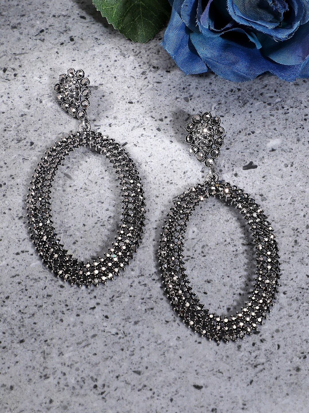 

SOHI Silver-Plated Stone Studded Oval Drop Earrings