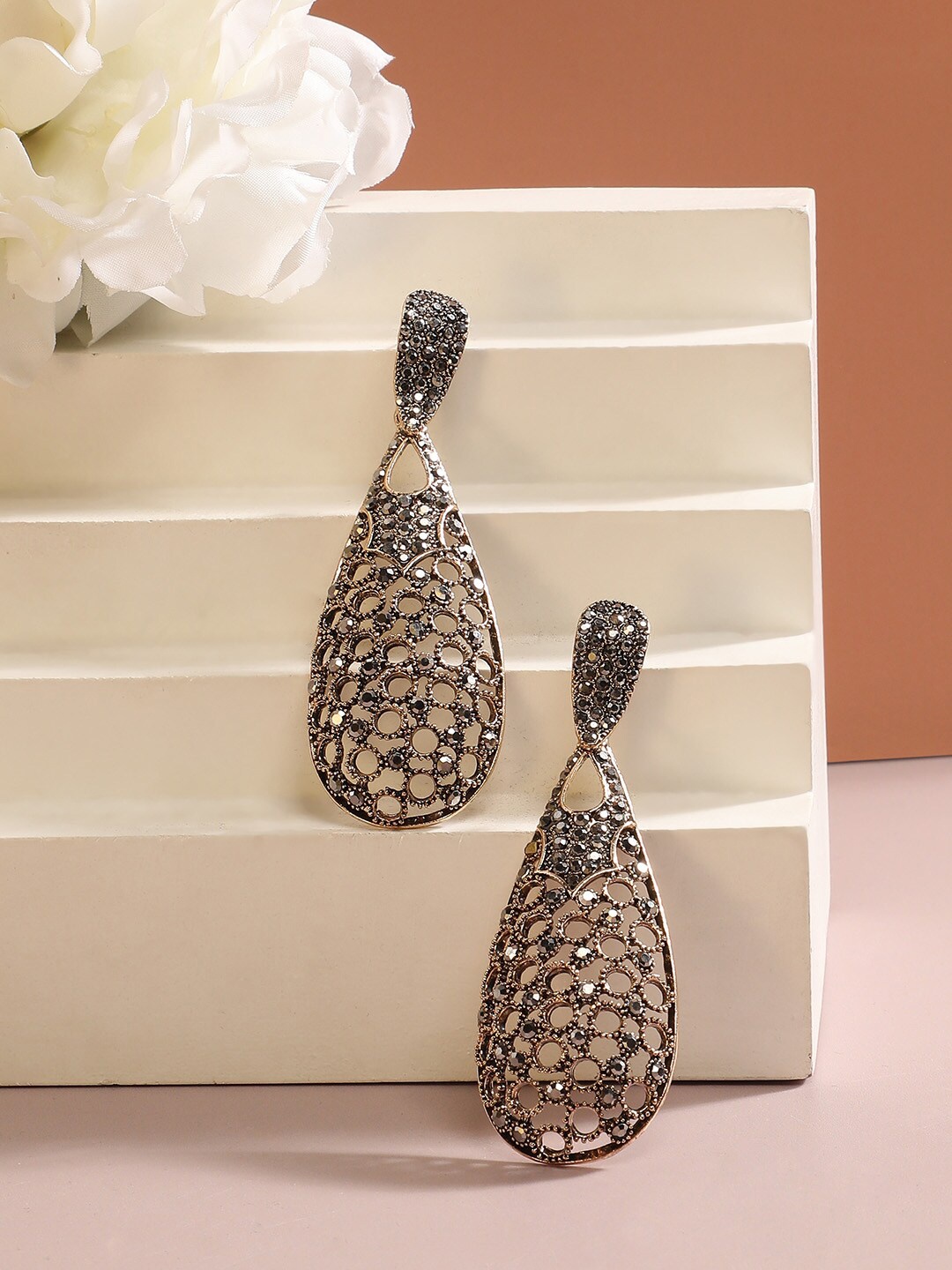 

SOHI Gold-Plated Stone-Studded Teardrop Shaped Drop Earrings