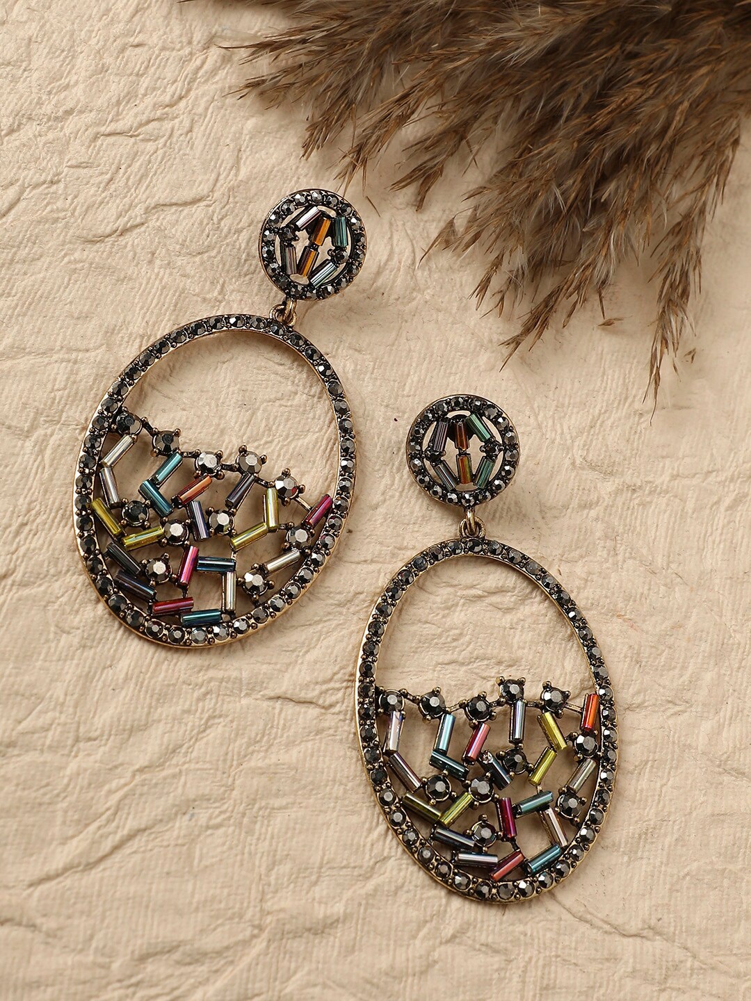

SOHI Gold-Plated Crystal-Studded Contemporary Drop Earrings