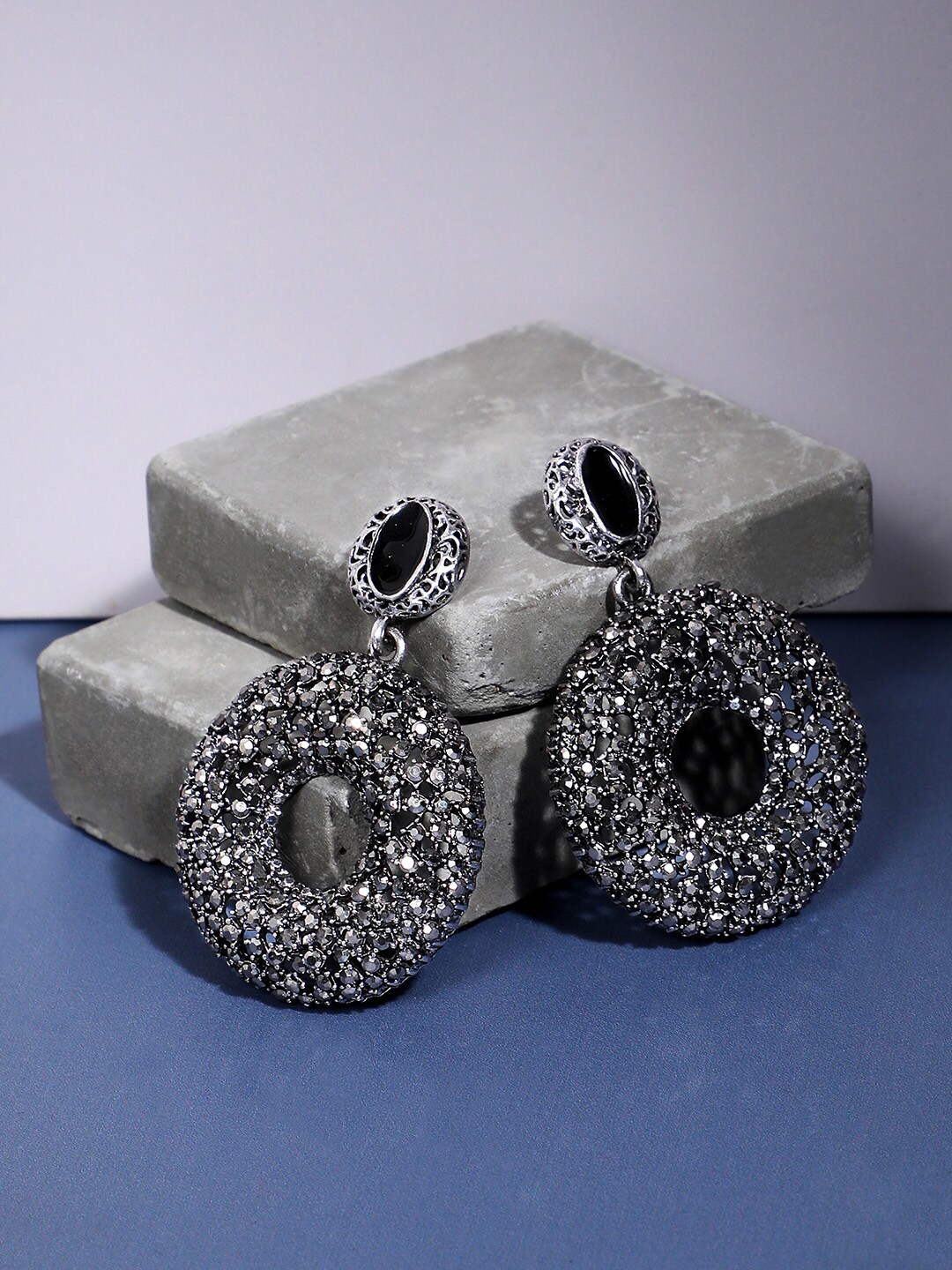 

SOHI Silver-Plated Circular Stone Studded Drop Earrings