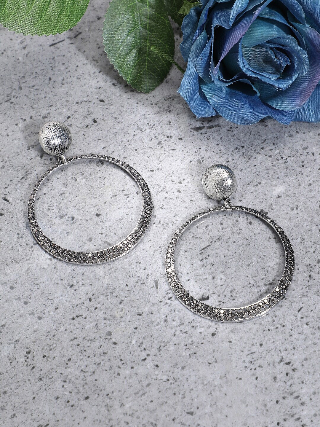 

SOHI Silver-Toned Stone-Studded Circular Drop Earrings