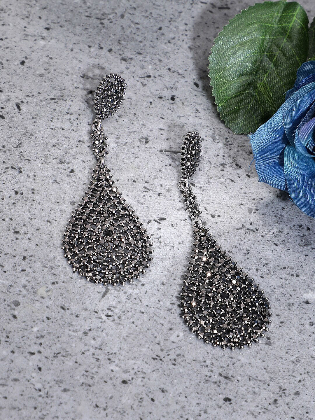 

SOHI Silver-Plated Stone-Studded Contemporary Drop Earrings