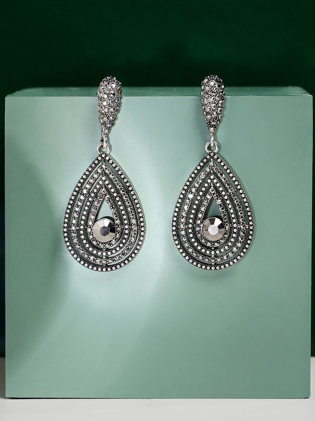 

SOHI Silver-Toned Stone-Studded Teardrop Shaped Drop Earrings