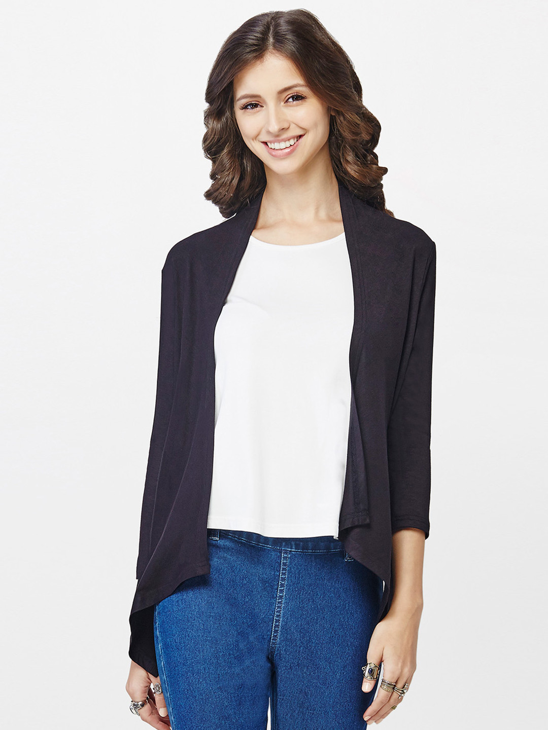 

Global Desi Black Solid Open Front Shrug