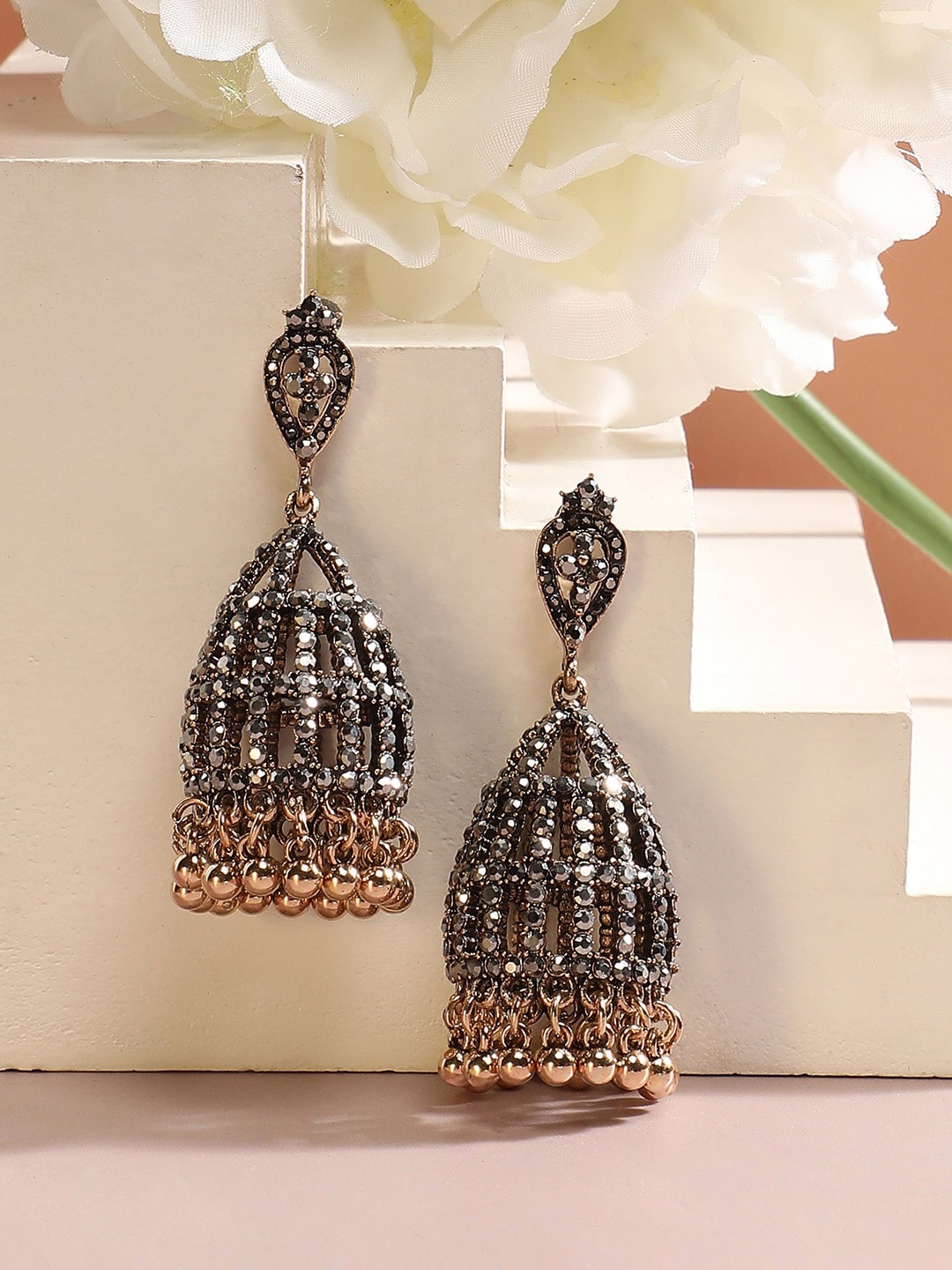 

SOHI Gold-Plated Stone-Studded Dome-Shaped Jhumkas