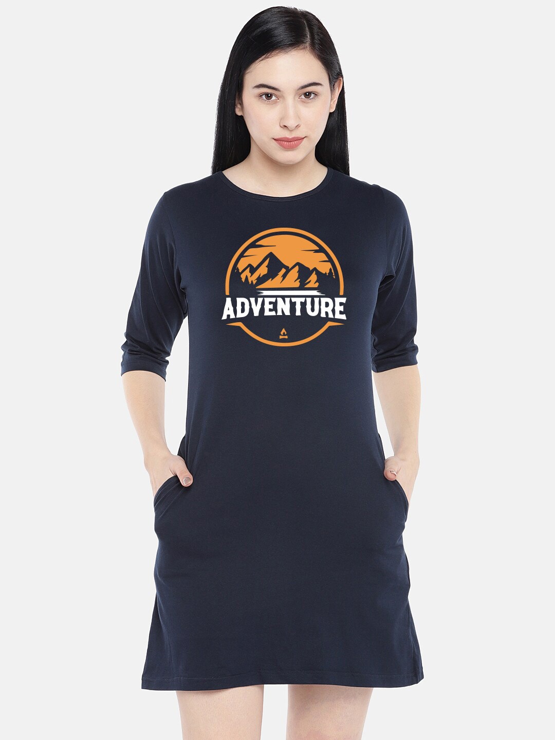 

STATUS MANTRA Typography Printed Pure Cotton T-Shirt Dress, Navy blue